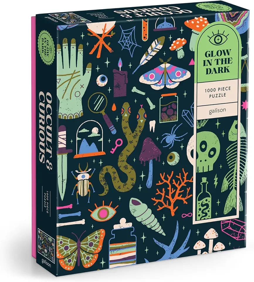 Galison Occult and Curious – 1000 Piece Glow in The Dark Jigsaw Puzzle Featuring an Eerie Collection of Creepy and Spooky Objects
