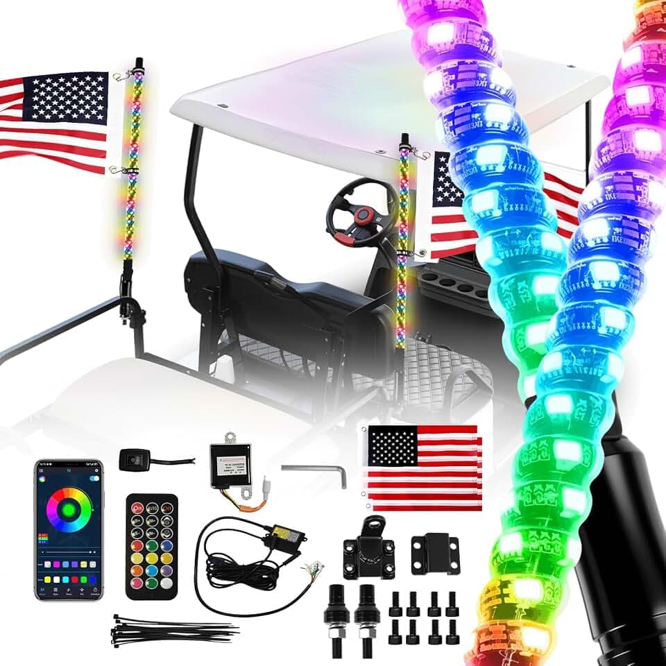 2 Pack 3FT Golf Cart Flag Pole Whip Lights Fit 1.0" Square Rail