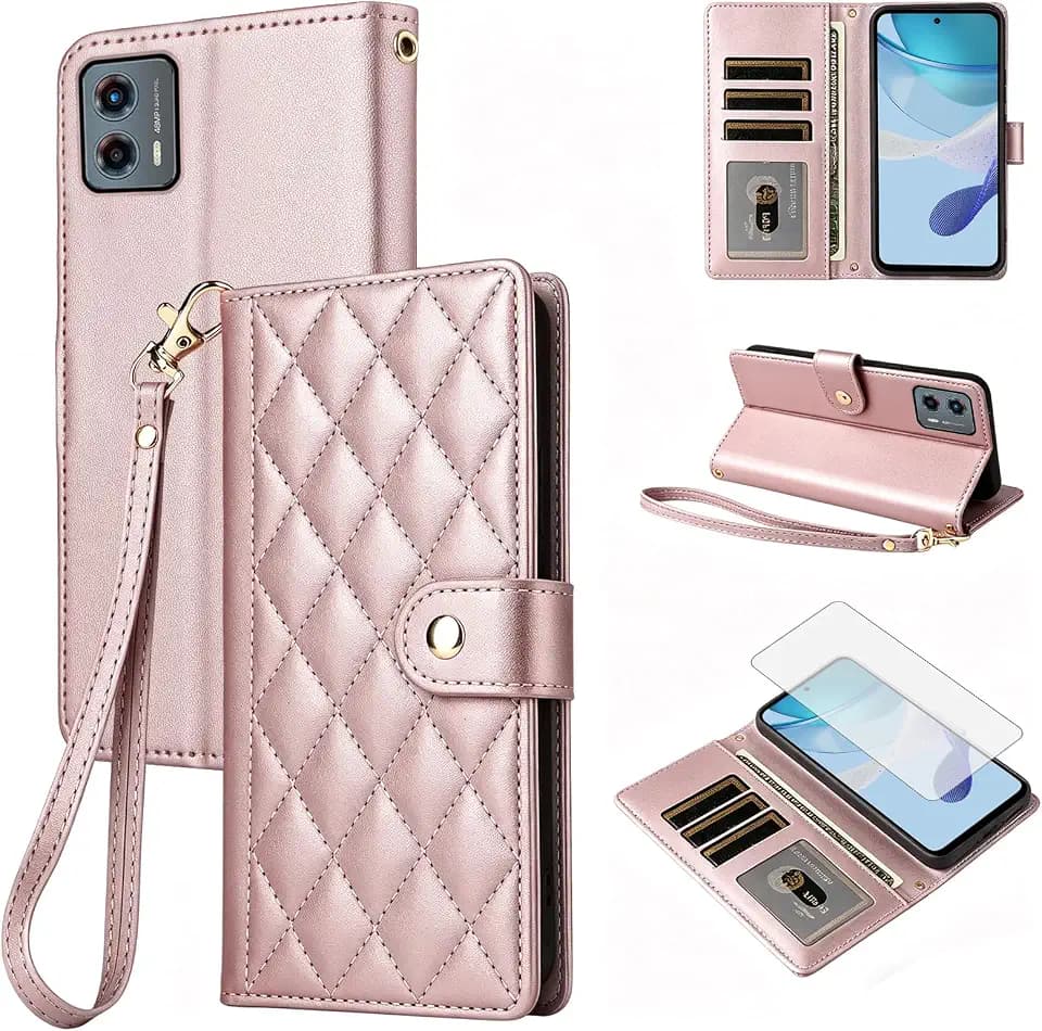 Wallet Case for Motorola Moto G 5G 2023 with Tempered Glass Screen Protector PU Leather Wrist Strap Stand Card Holder Protective Cell Accessories Phone Cover for G5G 5 G G5 Women Men Rose Gold
