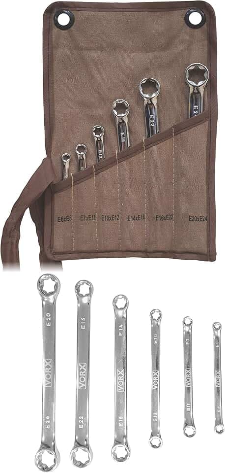 Vorx Schraubenschlüssel-Set, 6-teilig, Torx-Sternschlüssel-Set, doppelseitig, E6 bis E24, gesenkgeschmiedet, Chrom-Vanadium, Lieferung in schwerer Canvas-Aufbewahrungstasche