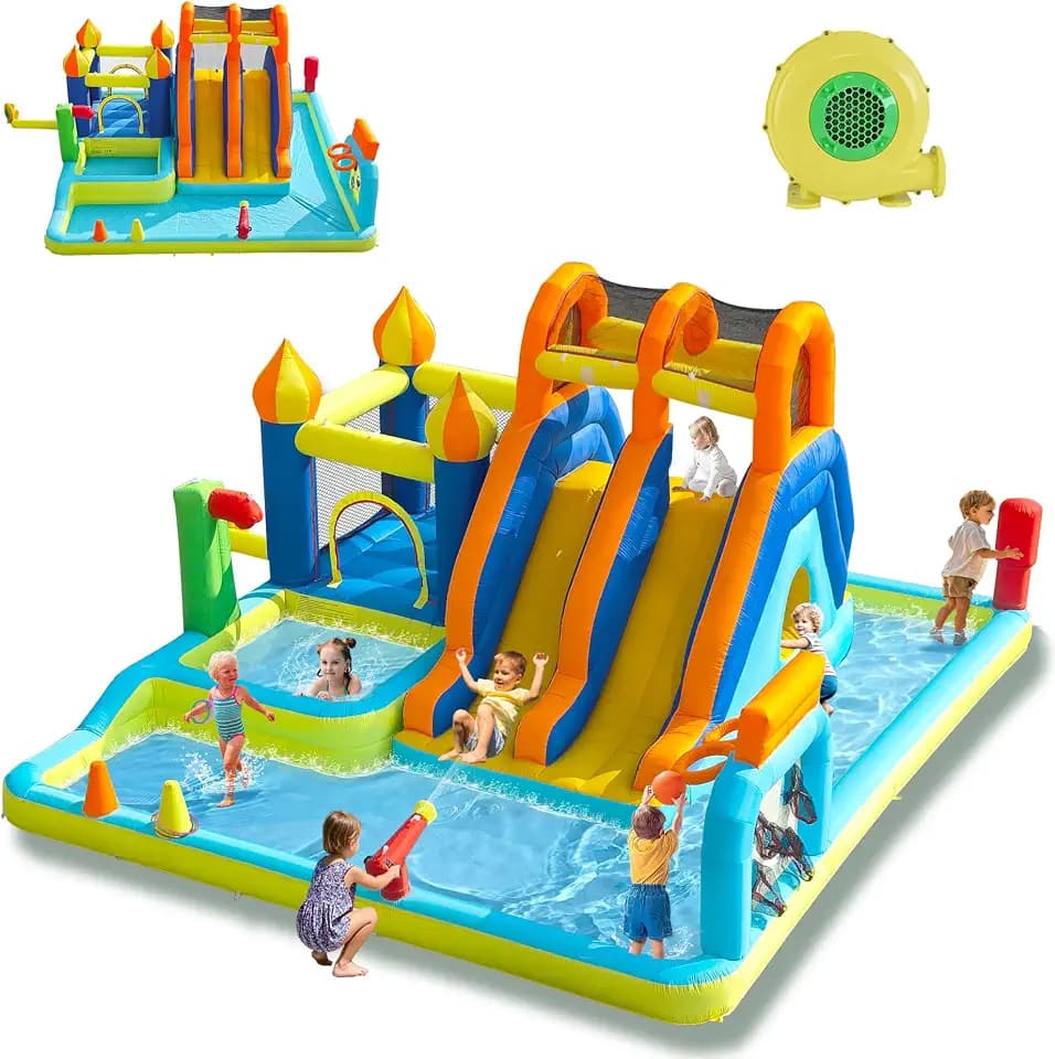 Blow Up Water Slides Two Long Slides Jumping Bouncy Castle for Kids Outdoor Inflatable Bounce House with 680W Blower for Kids Backyard