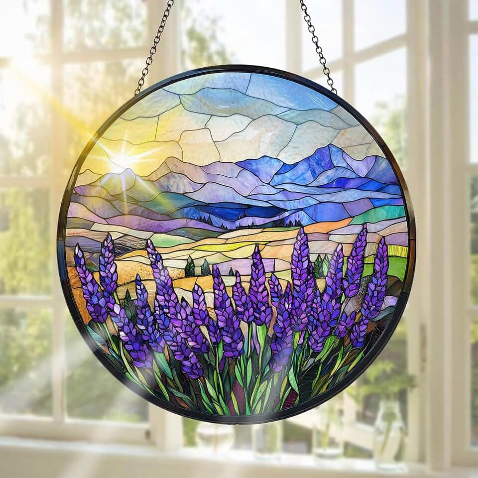 Lavendel Buntglas Sonnenfänger Fensterschmuck hängend Landschaft – Handgefertigter Sonnenfänger als Dekoration für Garten, Fenster, Innen- und Außenbereich, Weihnachten Party, 20 x 20 cm