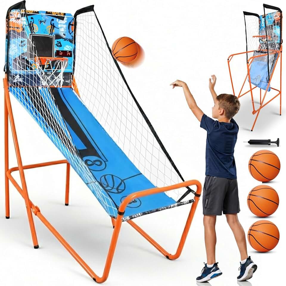 SereneLife Arcade Basketball Spiel – Klappbarer Einzel-/Doppelkorb mit elektronischer Anzeige & Stahlrahmen, ideal für Schulen, Jugendräume, Pausenhöfe & Sportvereine, Indoor/Outdoor