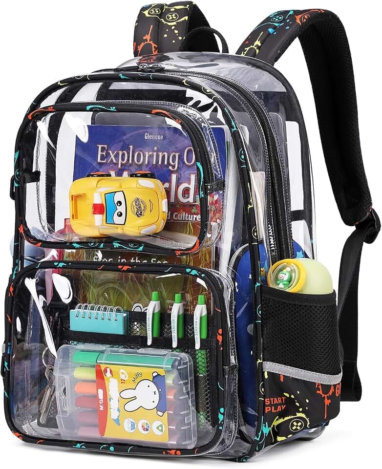 Sisipoet Clear Backpack for School, Heavy Duty PVC Transparent Bookbag, Funny Kids Backpacks with Game Print, Black
