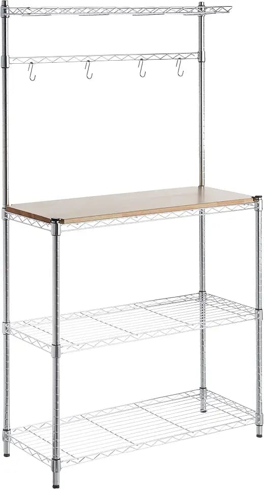Amazon Basics 3 Tier Sturdy Baker's Rack with Kitchen Storage, Storage Shelf, Utility Storage, Removable Top, Hanging Bar, 14" x 35.83" x 63.31", Wood/Chrome