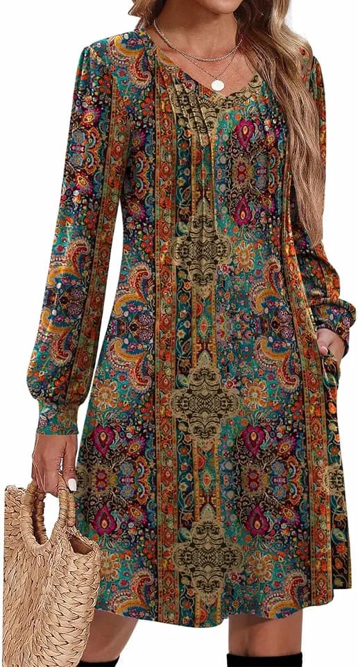 Zeagoo Fall Dresses for Women Long Sleeve Casual Pleated V Neck Dress 2026 A Line Tunic Dress