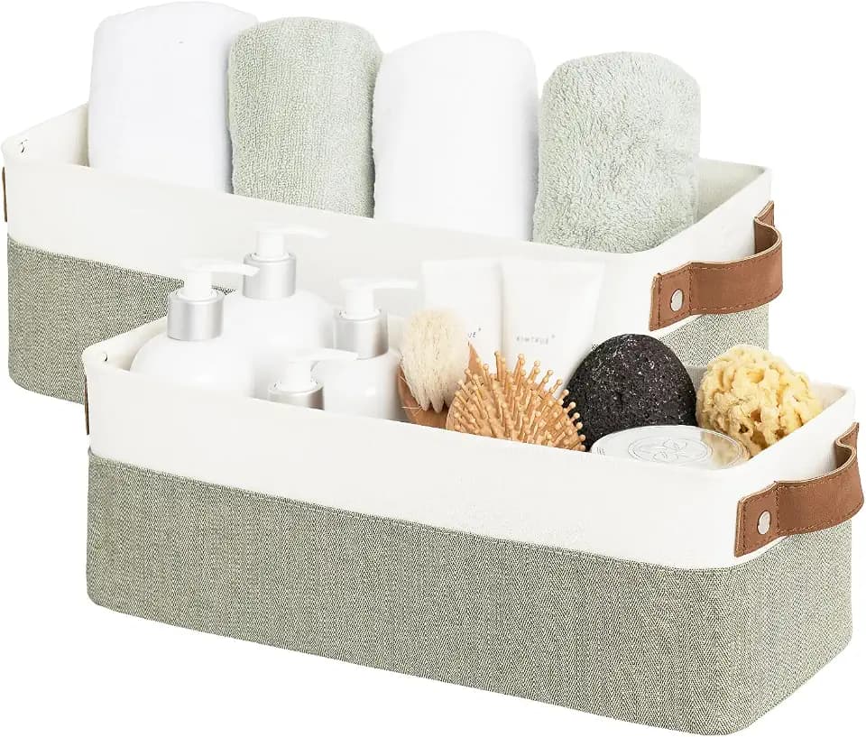 StorageWorks Stoff Aufbewahrungsbox schmal, stabile Ordnungsboxen Kleiderschränke, lange Körbe Aufbewahrung mit Griffen, Badezimmer-Organizer, faltbare Stoffkörbe für Regal, Grün-Weiß, 2 Stück