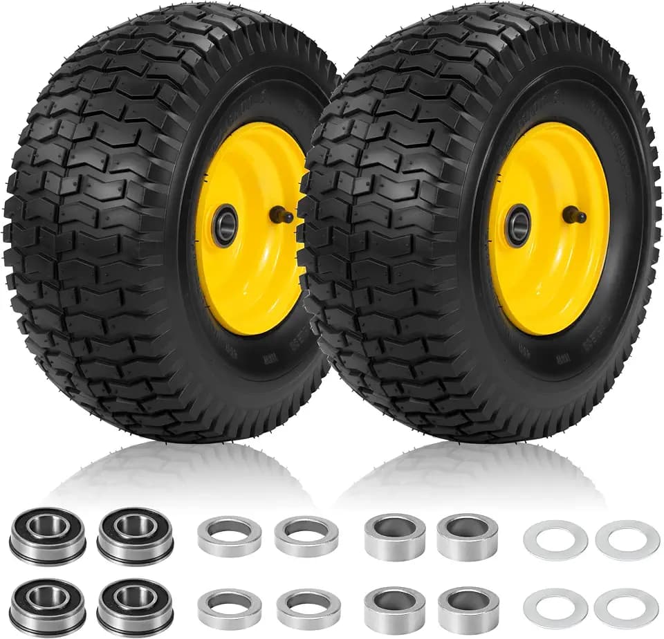 2 Pcs 15x6.00-6 Tubeless Lawn Mower Tire and Wheel with 3/4" &5/8" Bearings