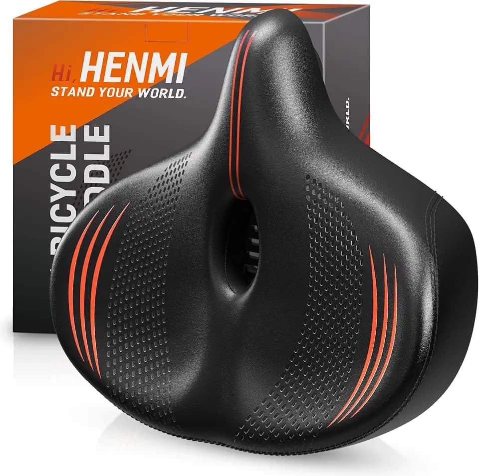HENMI Fahrradsattel, Weich Unisex Fahrradsattel mit Federung, Ergonomisch Stoßdämpfend Fahrrad Sattel, Atmungsaktiv Wasserdicht Universal für Heimtrainer Citybike MTB, Schwarz, Einheitsgröße