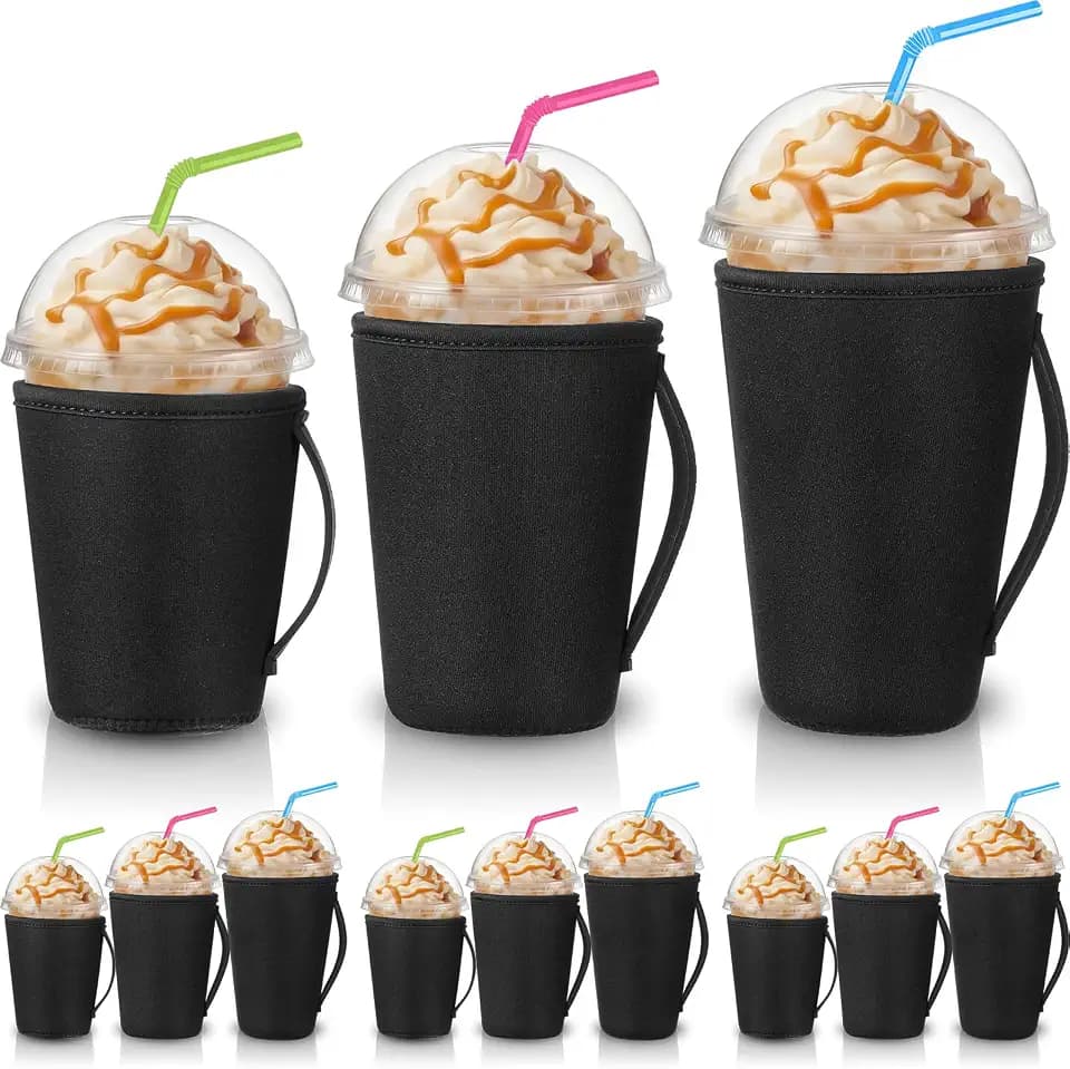 Chengu 12 Pack Reusable Iced Coffee Sleeves with Handle Bulk Black Cold Cup Neoprene Insulated Drink Sleeve Coffee Cup Holders for 16-32 oz Cold Hot Drinks Beverages Shakes Juice Gift