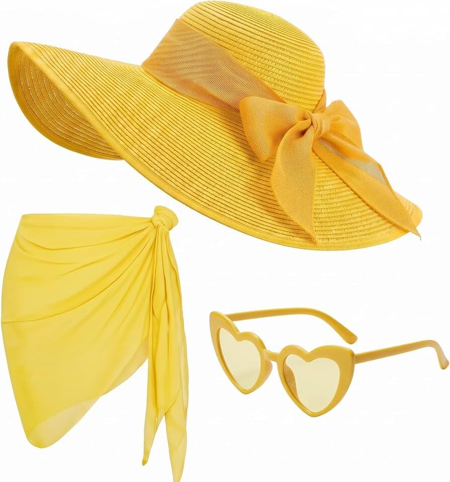 3 Pcs Summer Beach Set for Women Wide Brim Straw Sun Hat, Swimsuit Coverup Sarong, Heart Sunglasses