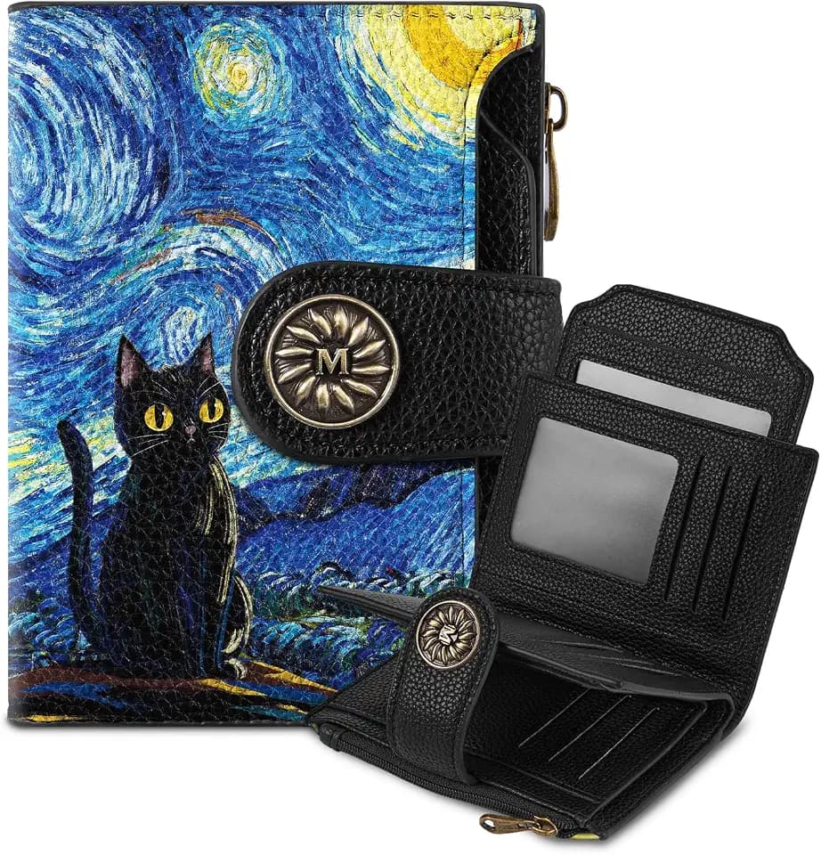 Mayski Starry Night Cat Small RFID Wallet Women, PU Leather Bifold Zipper Coin Pocket Compact Cash Credit Card Holder Purse, Cute Travel Wallet for Female Ladies Teen Girls, 4 ID Window 14 Card Slots