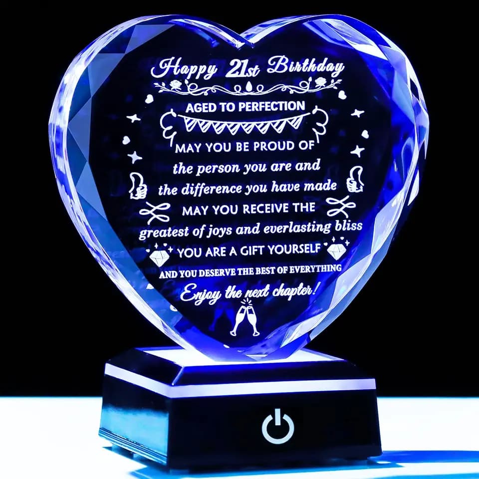 YWHL 21st Birthday Gift With Colorful LED Base Crystal - Decorations and Ideas for Her Him Sister Daughter Girlfriend - Best Presents for 21 Years Old