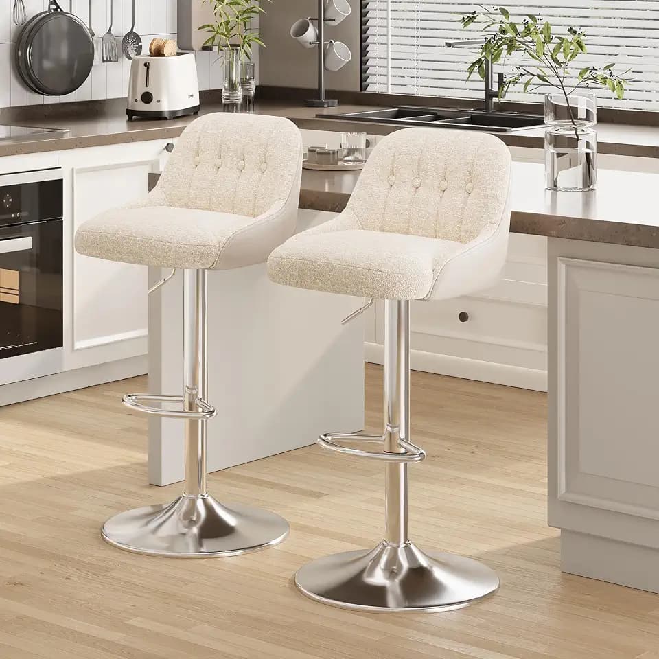 MALOL 360° Drehbarer Höhenverstellbarer Barhocker, Bar Hocker 2er Set mit Rückenlehne, Moderner Küchenhocker mit Metallfuß für Theke, Esszimmer, Barstuhl mit Kombination aus Leder und Bouclé, Beige