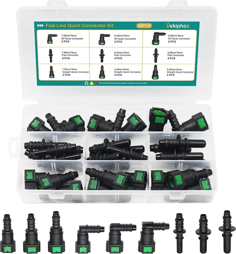 30pcs Assorted Fuel Line Quick Connector Set, Fuel Line Repair Kit Hose Release Connect Fittings SAE 7.89mm 9.49mm 9.89mm to ID 8mm
