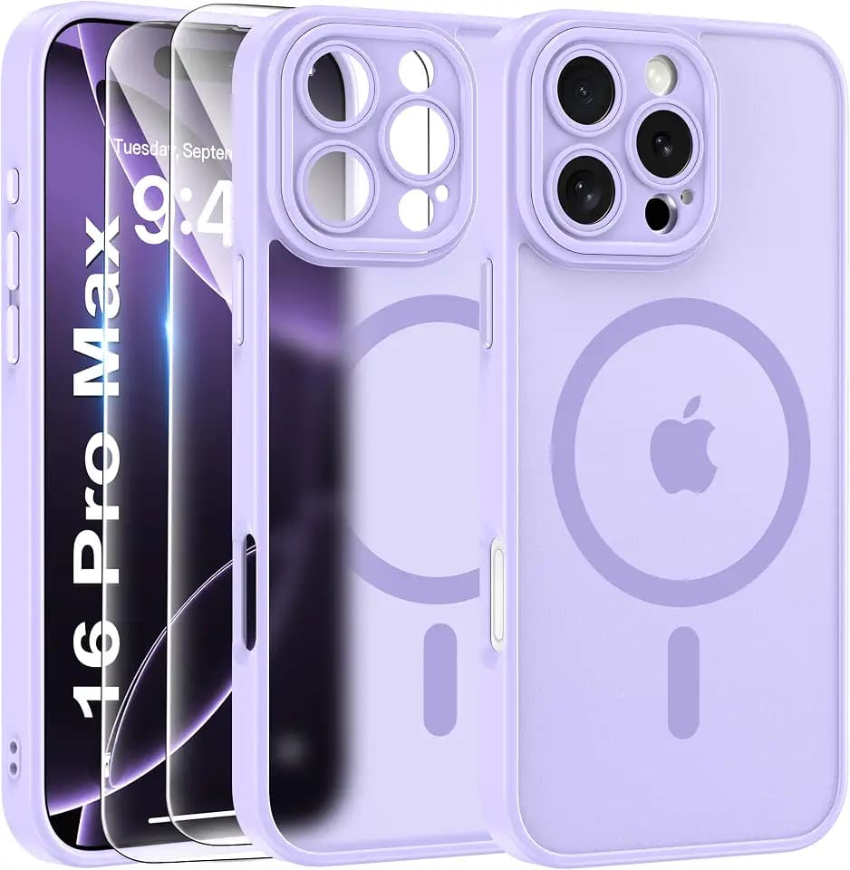 FLLAO 3 in 1 Handyhülle Kompatibel für iPhone 16 Pro Max Hülle mit 2 Stück Schutzfolie Case iPhone 16 Pro Max 6.9", Violet Clair