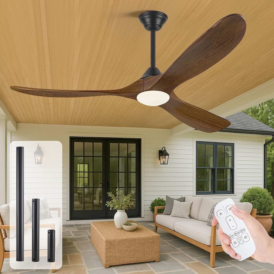 52 Inch Wood Ceiling Fan with Light and Remote, 3 Blades Propeller Farmhouse Style, Outdoor Ceiling Fans for Patios Damp Rated, Quiet DC Motor High CFM, for Indoor Bedroom Living room Exterior Porch