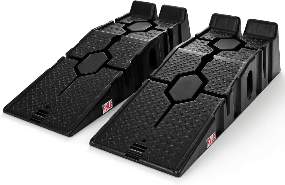 Pyle Heavy Duty Vehicle Ramps | 13000 lb Capacity Car Ramps for Low Clearance Vehicles with 6.3 Inch Lift and 17° Incline | Portable Non-Skid Car Ramps for Oil Changes, 2-Pack, Black.