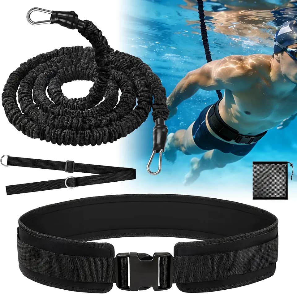 Schwimmgurt Pool Erwachsene & Kinder, 2,5-7,5M Premium Naturlatex Schwimmhilfe mit Breit Dicke Hüftgurt, Schwimmseil Gegenstromanlage zum Einhängen, Schwimmtrainer Schwimmband Schwarz Gurt