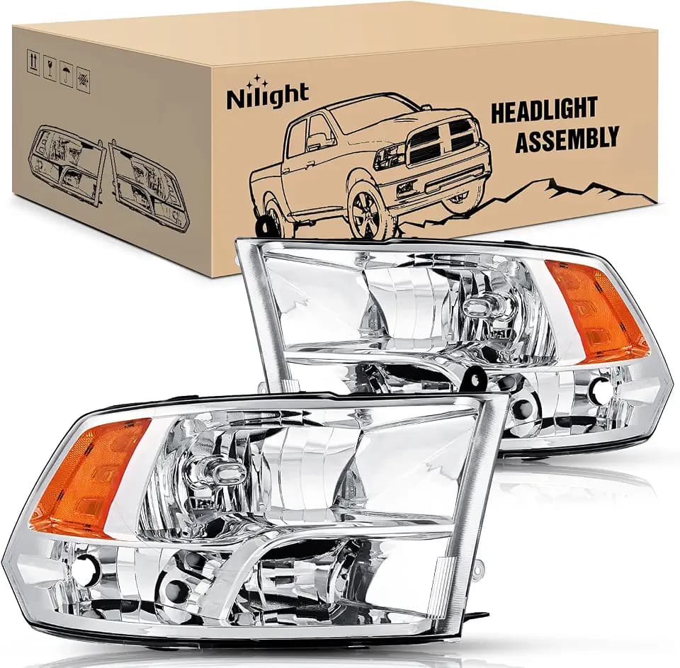 Nilight Headlight Assembly 2009 2010 2011 2012 2013 2014 2015 2016 2017 2018 Ram 1500 2500 3500 Pickup Quad Headlamp Assembly Replacement Chrome Housing Amber Corner Clear Lens,(Only for Quad Models)