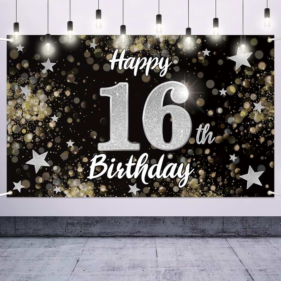 Happy 16th Birthday Decorations,16th Black & Silver Dream Star Large Birthday Banner Backdrop Sign - Cheers to Sixteen Years Old Bday Party Decoration.