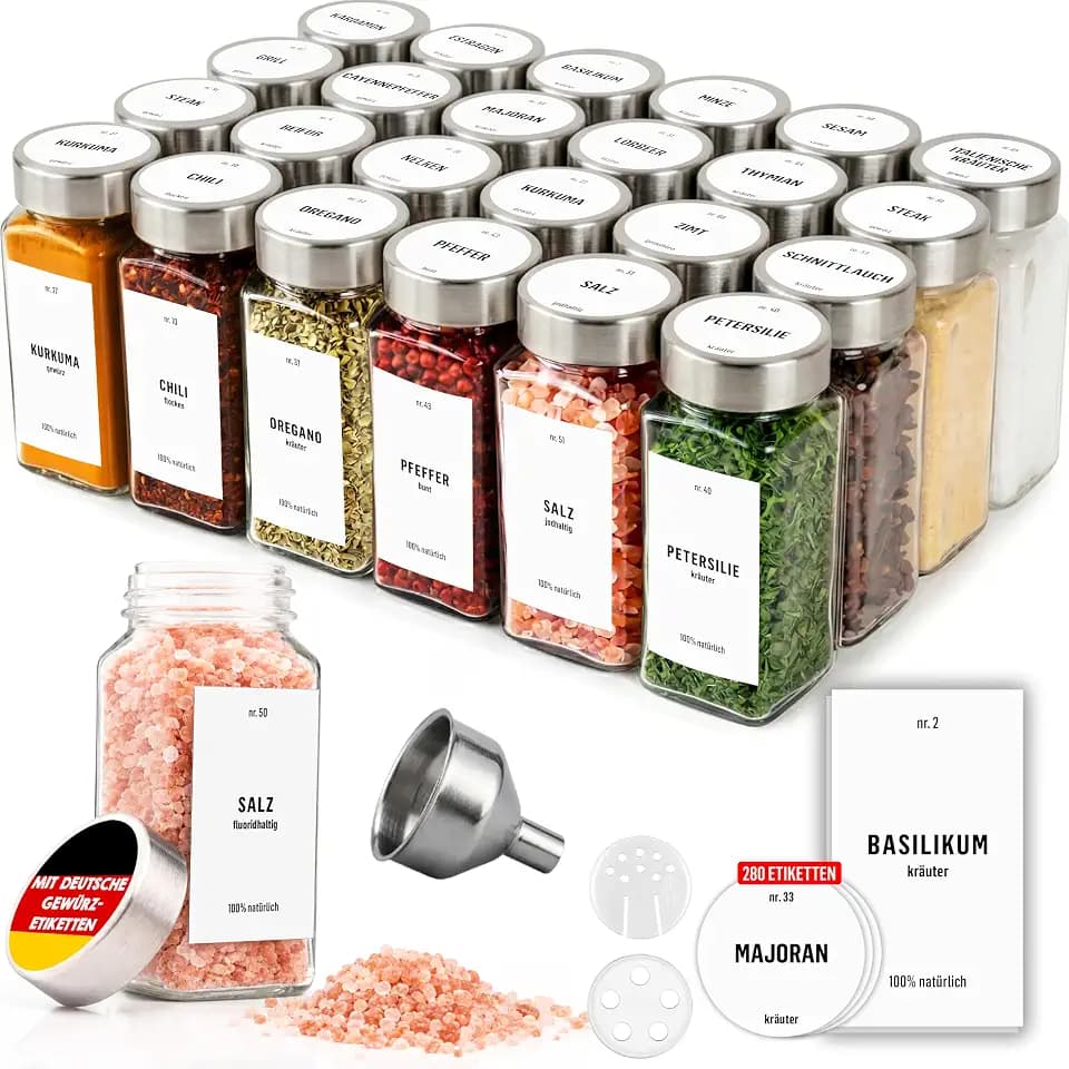 Deco haus Gewürzgläser Eckig Luftdicht - 24 Set Gewürzdosen + 280 Etiketten