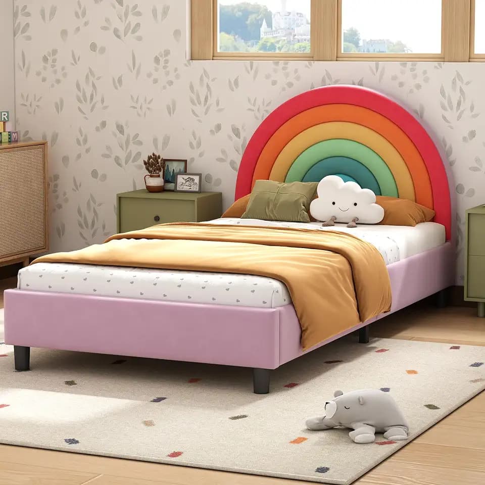 Rainbow Twin Size Bed Frame for Girls,Princess Twin Bed with Headboard,Cute Twin Girl Bed,Upholstered Twin Platform Bed for Kids,Colorful & Pink