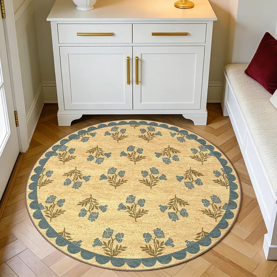 3ft Entryway Round Rug - 3x3 Small Blue Floral Circle Bathroom Rug