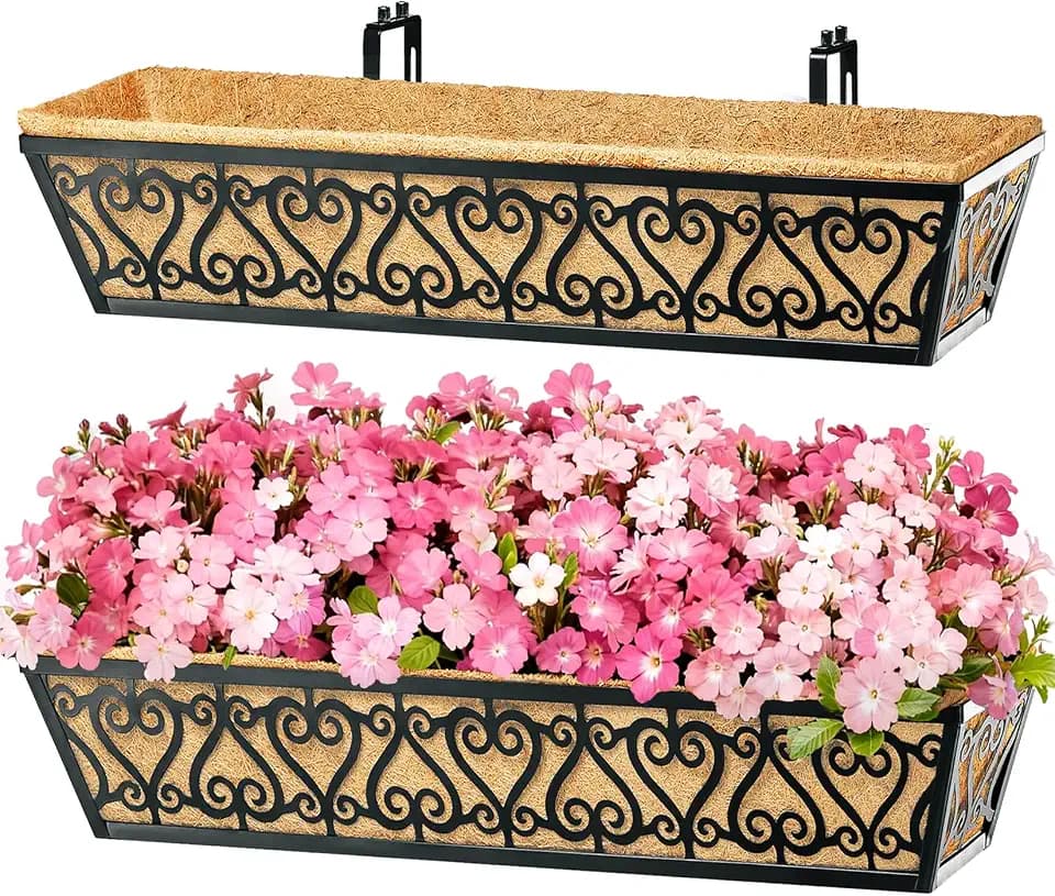 2 Pack 30 Inch Deck Railing Planter Box - Window Boxes Planters with Adjustable Brackets Coco Liners Balcony Planters Railing Hanging for Window Flower Boxes Outdoor Garden Decor