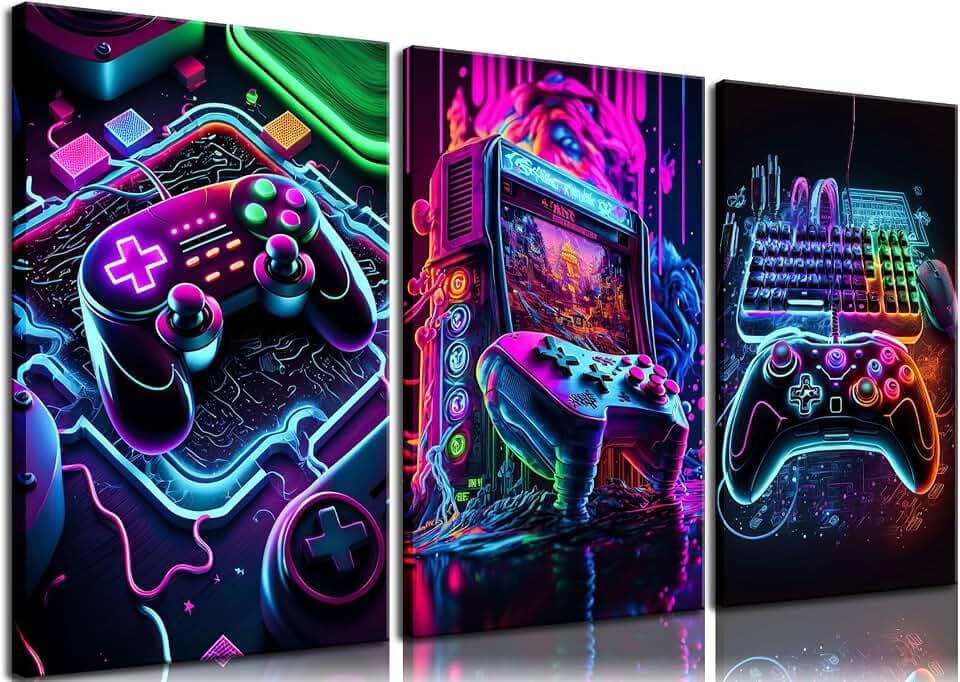 BGFCE Spielzimmer-Dekor-Wandkunst-Set, buntes Neon-Video-Gaming-Thema, Leinwandbilder, Poster, für Jungenzimmer, 30,5 x 40,6 cm, 3 Stück
