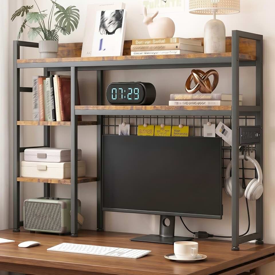45.3" Desktop Bookshelf with Outlet, 3-Tier Adjustable Desk Hutch Dorm