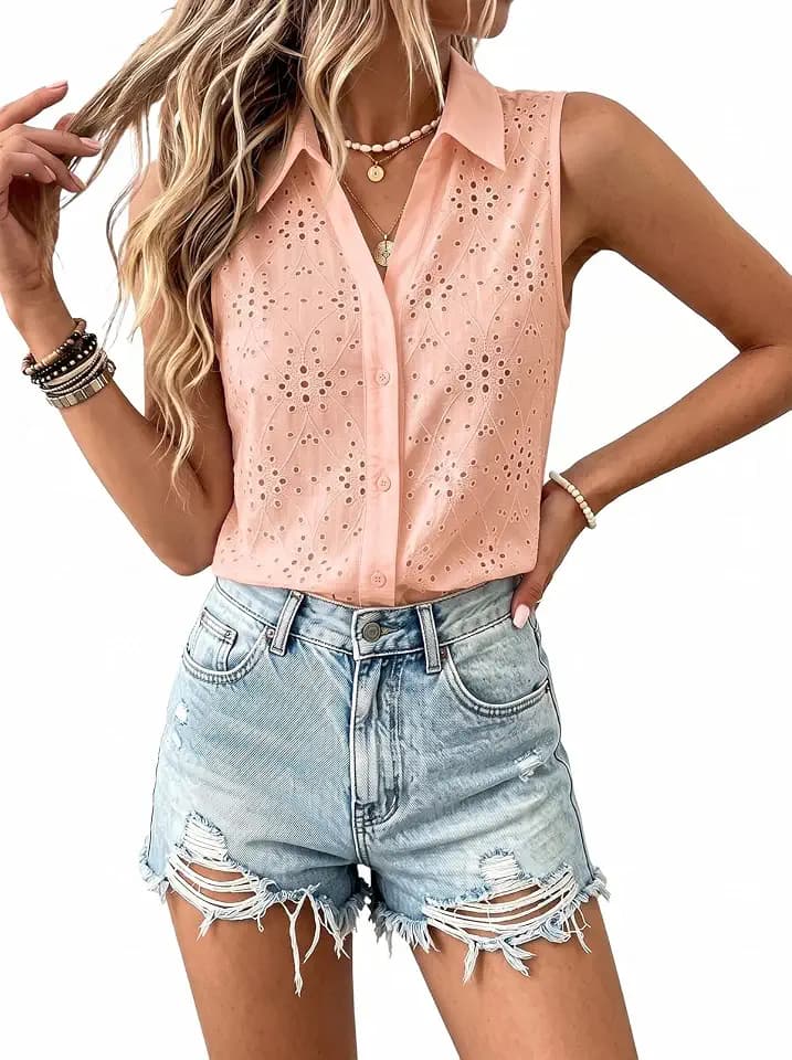 YUTILA Damen Ärmellose Bluse Sommer V-Ausschnitt Leichtes Blusentops