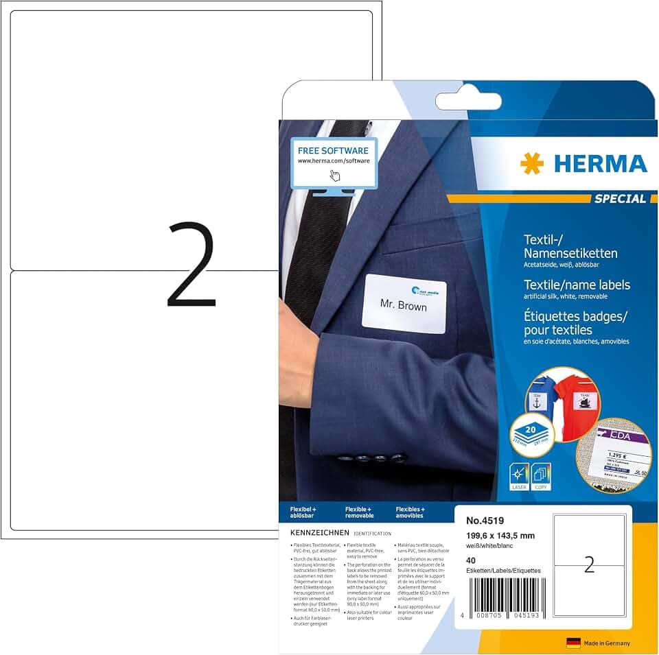 HERMA 4519 Namensetiketten ablösbar, 20 Blatt, 199,6 x 143,5 mm, 2 pro A4 Bogen, 40 Stück, selbstklebend, bedruckbar, rückstandsfrei abziehbare Acetatseide Namensaufkleber Etiketten, weiß