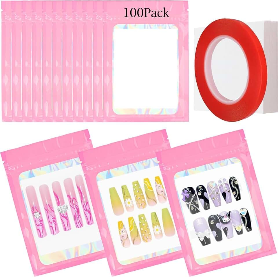 Qenk 201PCS Press on Nail Packaging Bag, Nail Bags for Press ons (Pink)