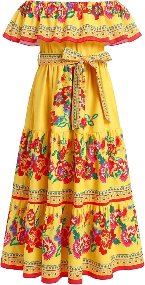 Mexikanisches Kleid für Mädchen, Sommer, Boho, Blumenmuster, Drapierkleid, schulterfrei, ausgefallenes traditionelles Cinco de Mayo Fiesta, Folklorico-Kleid, Bohemian-Kleid, lässig