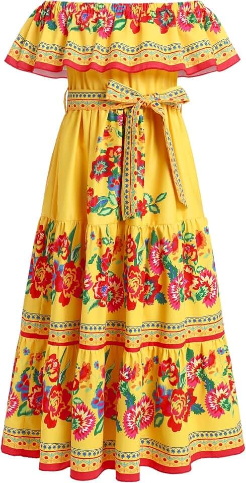 Mexikanisches Kleid für Mädchen, Sommer, Boho, Blumenmuster, Drapierkleid, schulterfrei, ausgefallenes traditionelles Cinco de Mayo Fiesta, Folklorico-Kleid, Bohemian-Kleid, lässig