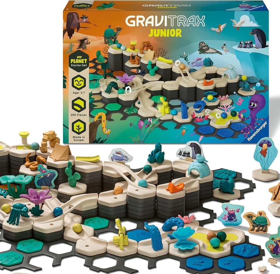 Ravensburger GraviTrax Junior Starter-Set XXL Planet - Kugelbahn ab 3 Jahre | Murmelbahn ab 3 Jahre, 189 Bauteile, 10 Kugeln, Konstruktionsspielzeug, Alleine bespielbar, Geschenk für Kinder