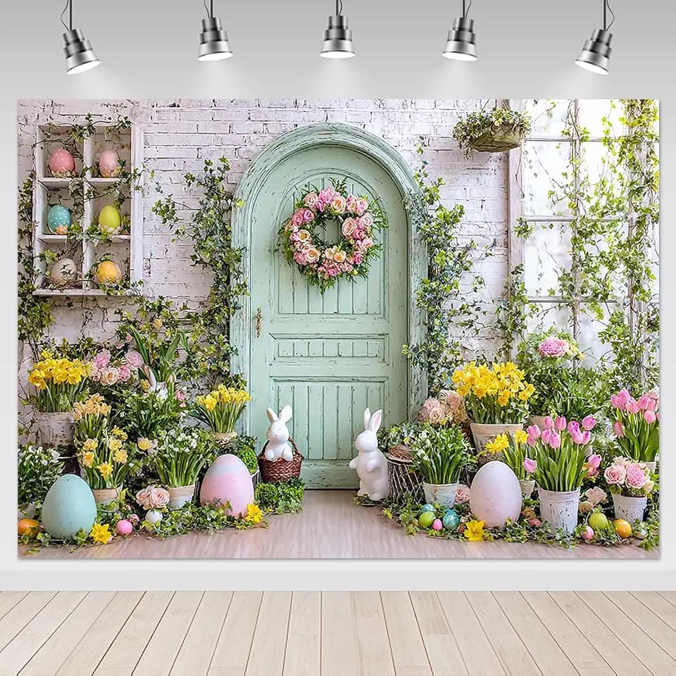 Mocsicka Spring Easter Backdrop Green Wooden Wall Floral Photography Background Decorations Easter Day Bunny Party Photo Props Supplies (10x8ft)