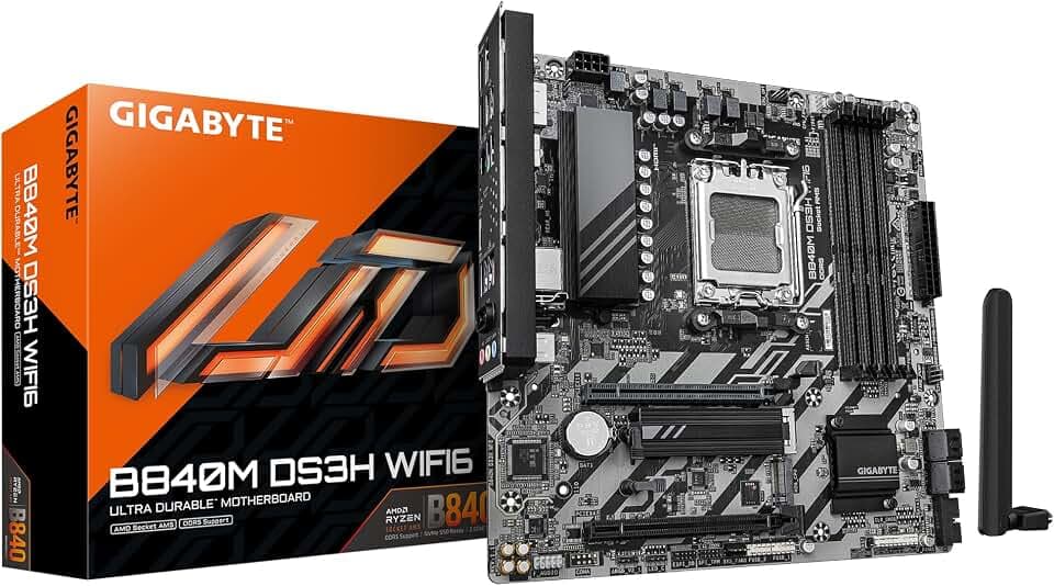 GIGABYTE B840M DS3H WIFI6 Mainboard – AMD Ryzen 9000 Prozessoren, 8+2+2 Phasen VRM, bis zu 8200 MHz DDR5, 2 x PCIe 4.0 M.2, Wi-Fi 6, 2,5 GbE LAN, USB 3.2 Gen 1