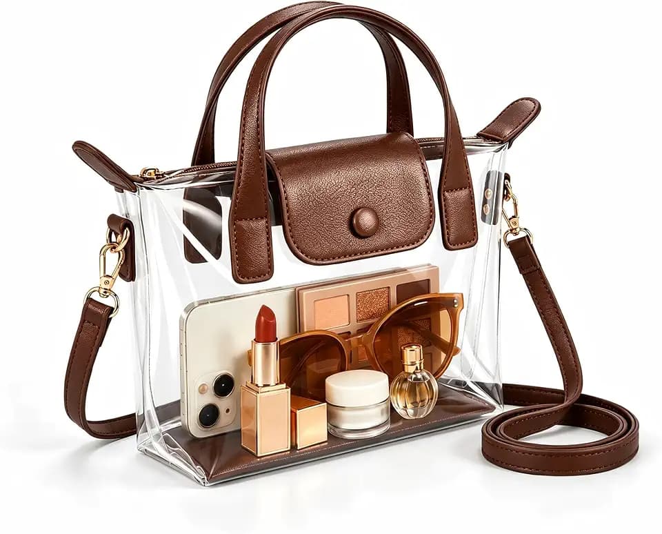 Stadium Approved Clear Bag for Events - Coffee Brown Crossbody Purse with Sturdy Bottom Tray & Double Top Handles