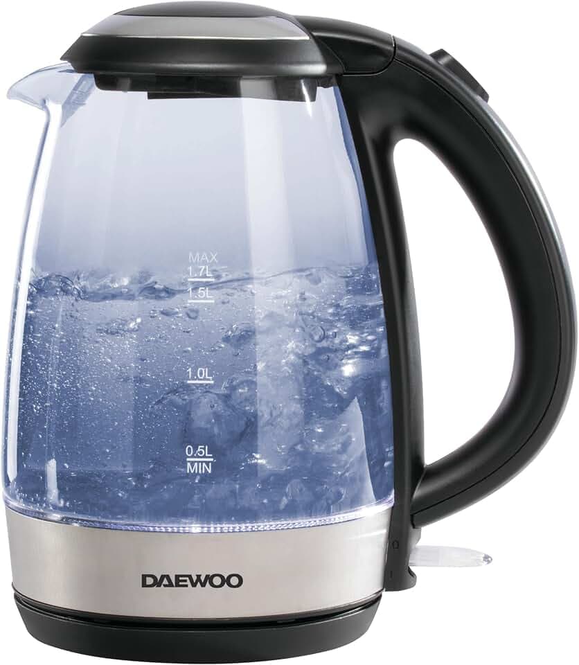 DAEWOO SDA1669GE 1.7L LED Wasserkocher,2200W,Trockenkochschutz,Borosilikatglaskörper,360° drehbarer Boden,verdecktes Heizelement,schmutzabweisend,Automatische Abschaltung & LED-Anzeige Silber