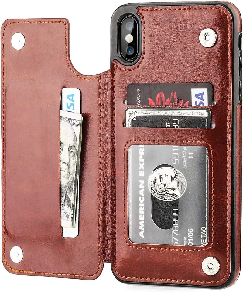ONETOP for iPhone Xs Max Wallet Case with Credit Card Holder,Brown