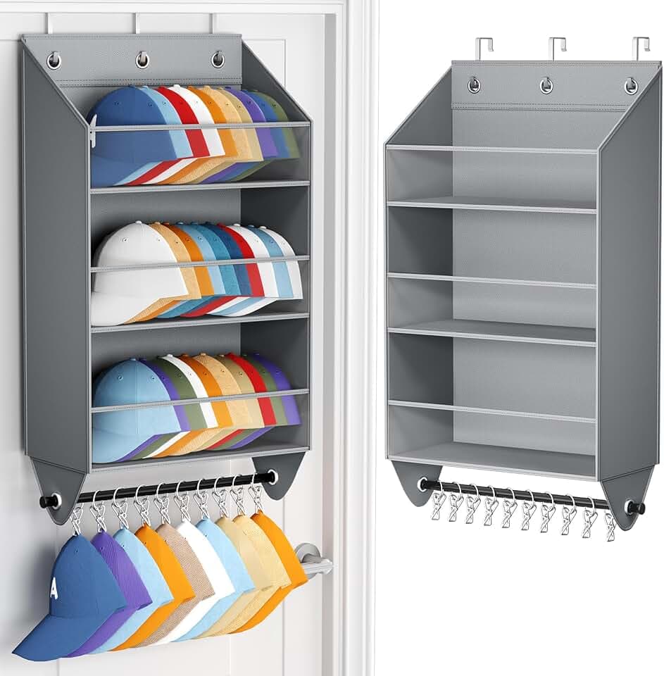 Homsorout Over the Door Hat Rack - 3-Layer Design Hat Organizer Holds 30-36 Hats with 10 Hooks, Ideal Hat Rack for Door, Over the Door Organizer for Closet, Apartment, Bedroom, Dorm, 2 Pack, Grey