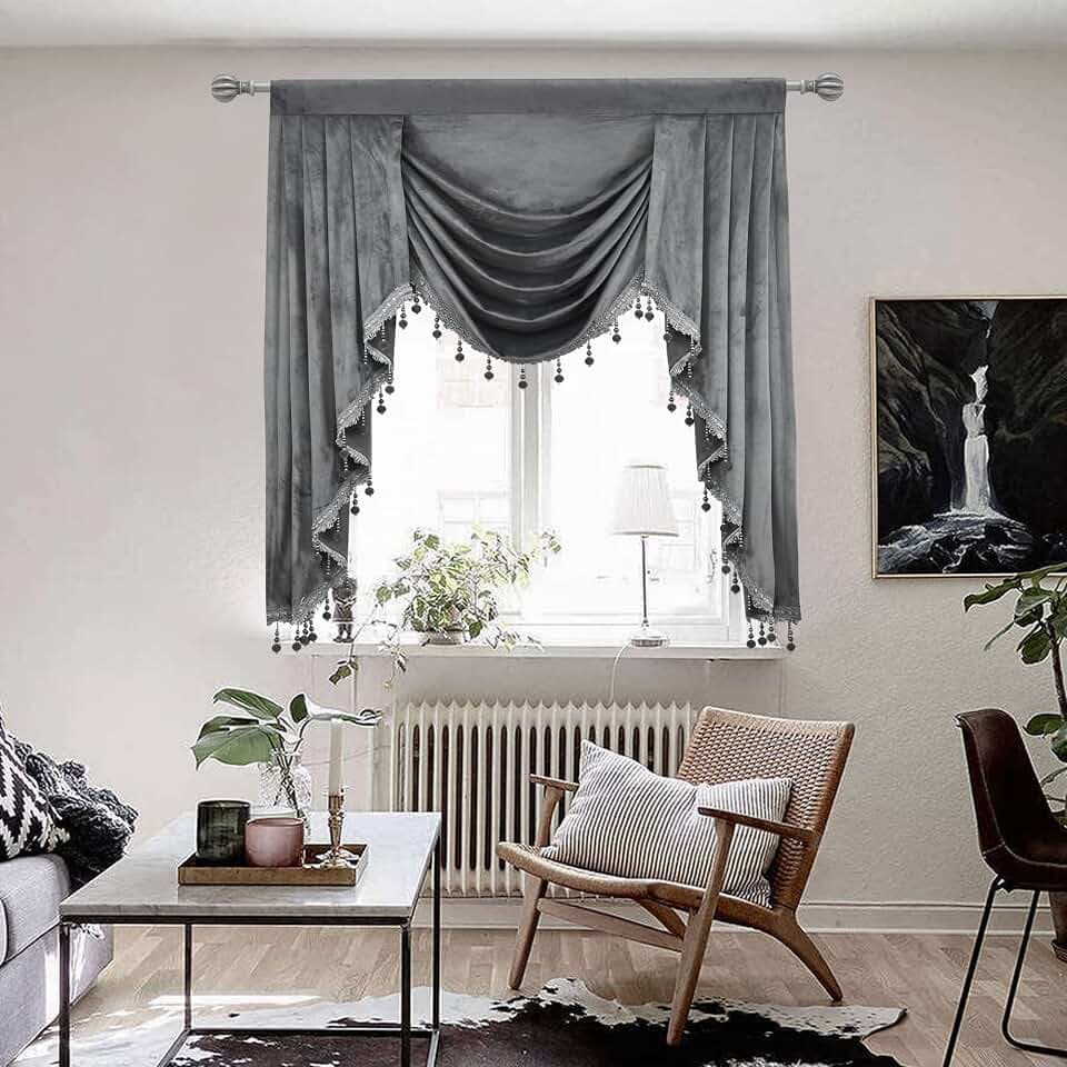 Grey Velvet Waterfall Valance for Living Room - Tassels Swag Valances for Window Bedroom Toppers Window Curtains (1 Panel, W39 inch, Grey)