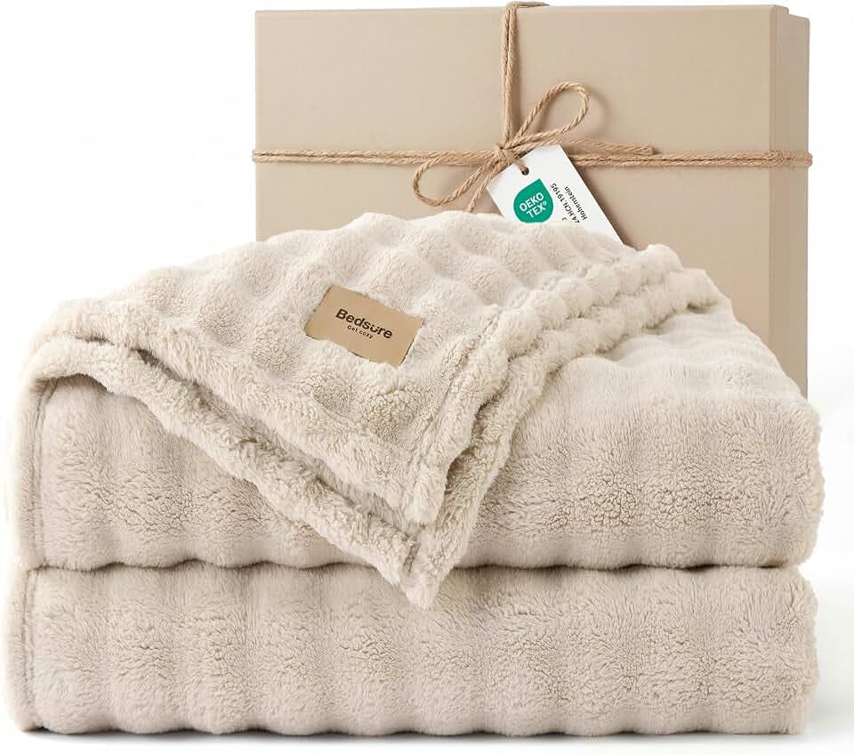 BEDSURE Kuscheldecke Flauschig Bubble Decke - Beige, 220x240 cm