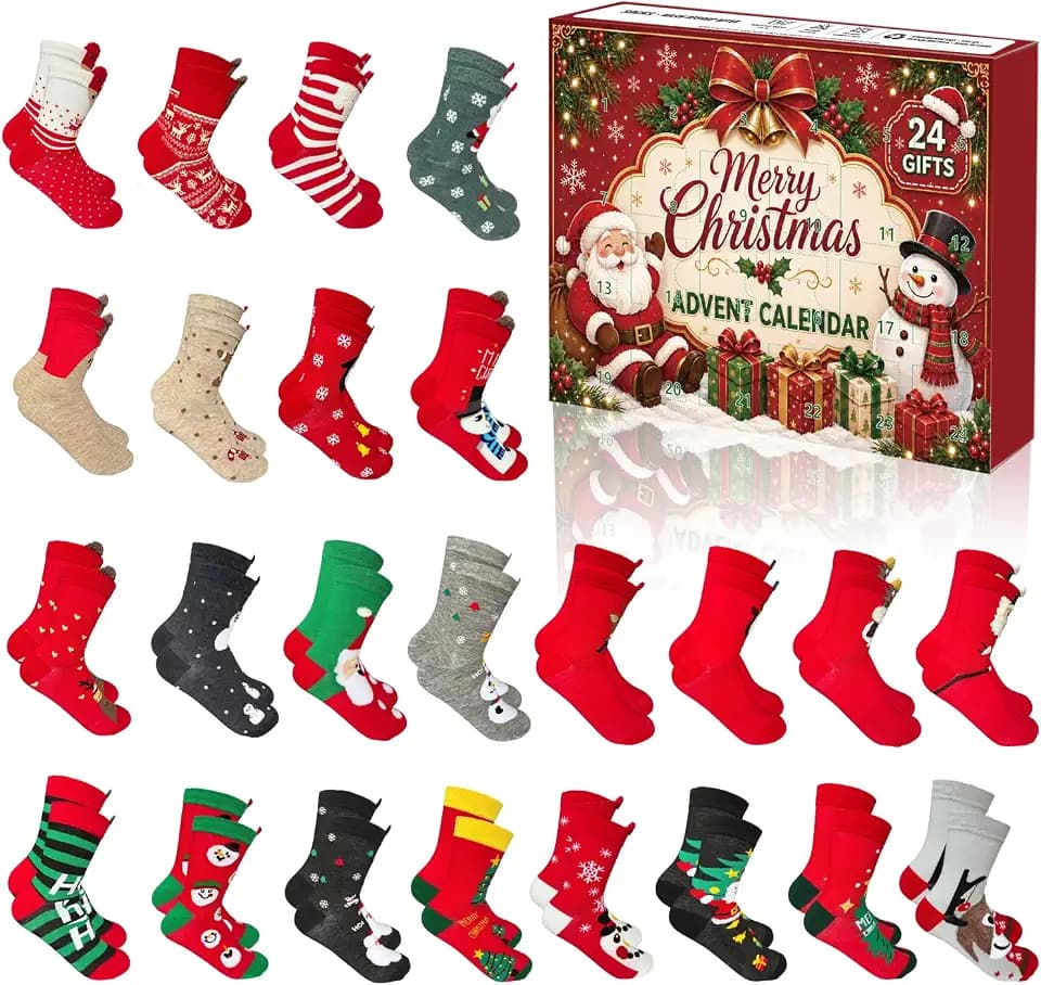 Weihnachten 2026 Adventskalender Socken mit 24 Paar – 24 Tage Countdown-Kalender Socken Perfekte Geschenkidee für Männer und Frauen (Rot-36-42)