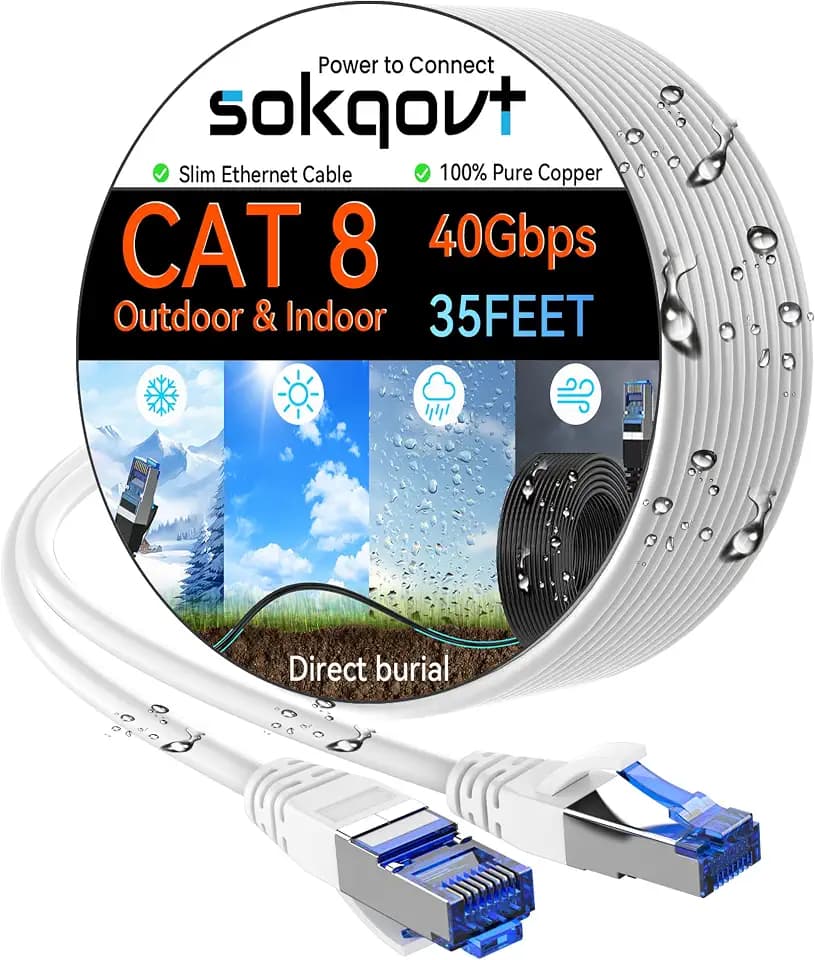 Sokqovt Cat 8 Ethernet Cable Slim 35ft Outdoor&Indoor, Pure Copper Cat8 Internet Cable for Waterproof & Direct Burial, Flexible Cat8 Ethernet Cable 40G 2000MHZ, Cat 8 Network Cable for Indoor White