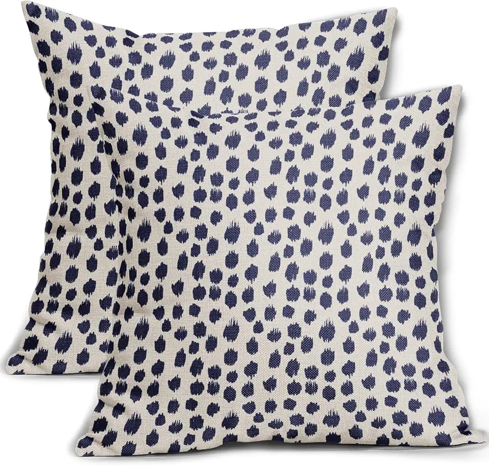 Navy Blue Cream Polka Dot Pillow Covers 22x22 Set of 2 Outdoor Modern Art Throw Pillows Boho Design Brush Strokes Decorative Pillowcase Square Cushion Cover Linen Pillow Case for Home Sofa Couch Bed