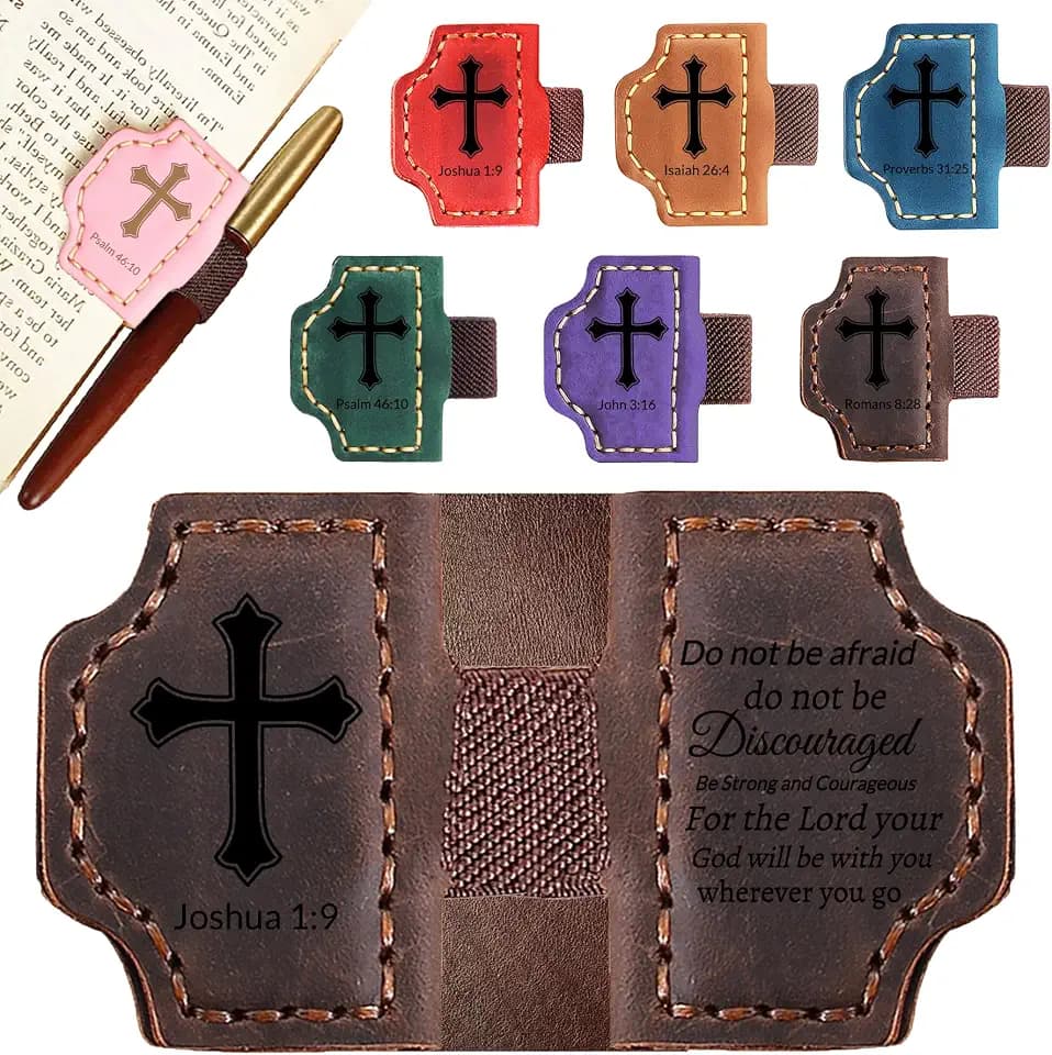 Personalized Leather Bookmark with Pen Holder - Magnetic Bible Verse Design, Christian Book Lovers Reading Accessory, for Book Lovers Men Women (Coffee, Joshua 1:9)