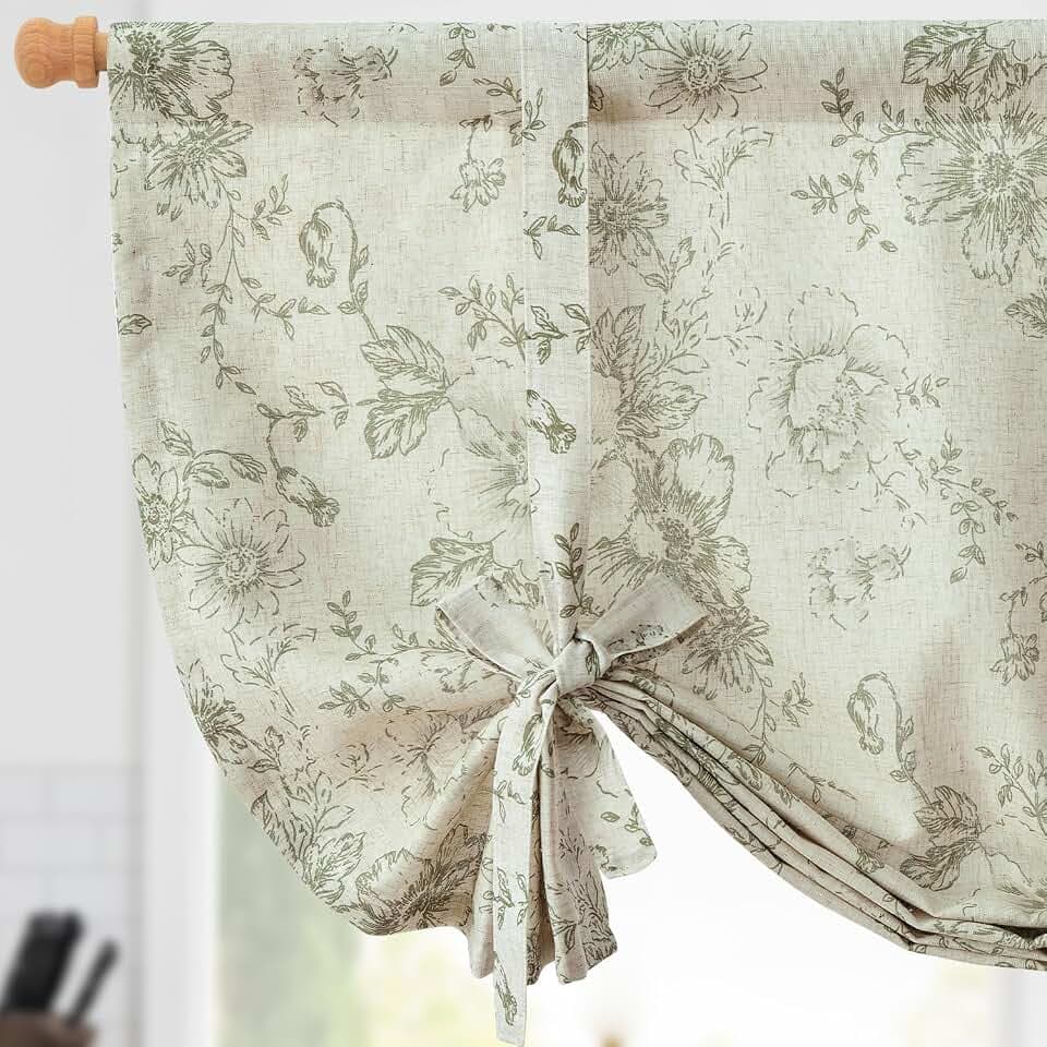 jinchan Alice Linen Kitchen Window Valance, Tie up, 42x45, 1 Panel, Green